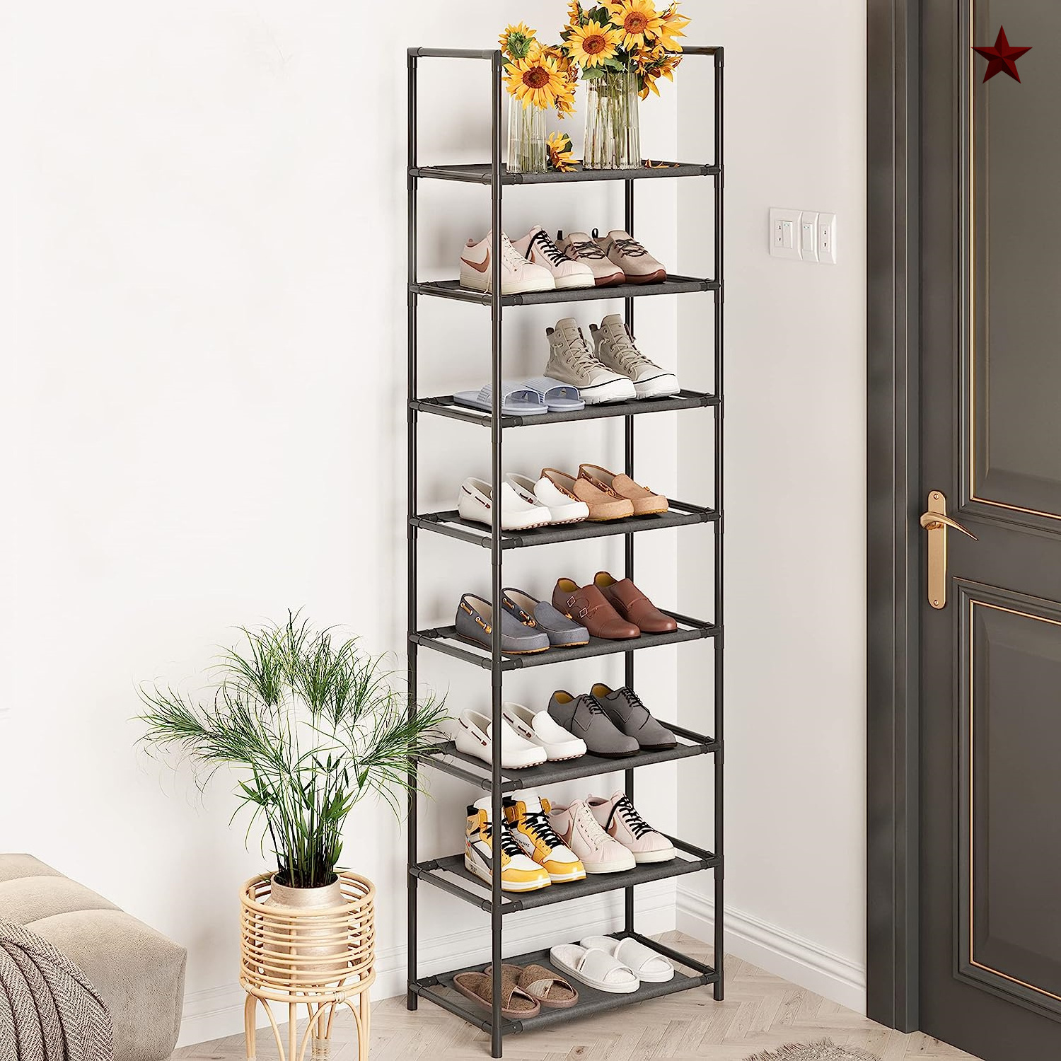 2-row/6-tier/12-grid Portable Shoe Rack With Waterproof Fabric Cover Shoe Shelf Storage With 4 Side Pockets