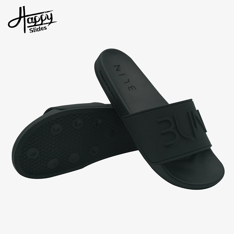 Happyslides Factory price top quality men leather slipper custom logo slide sandal  memory foam soft PU slides with logo