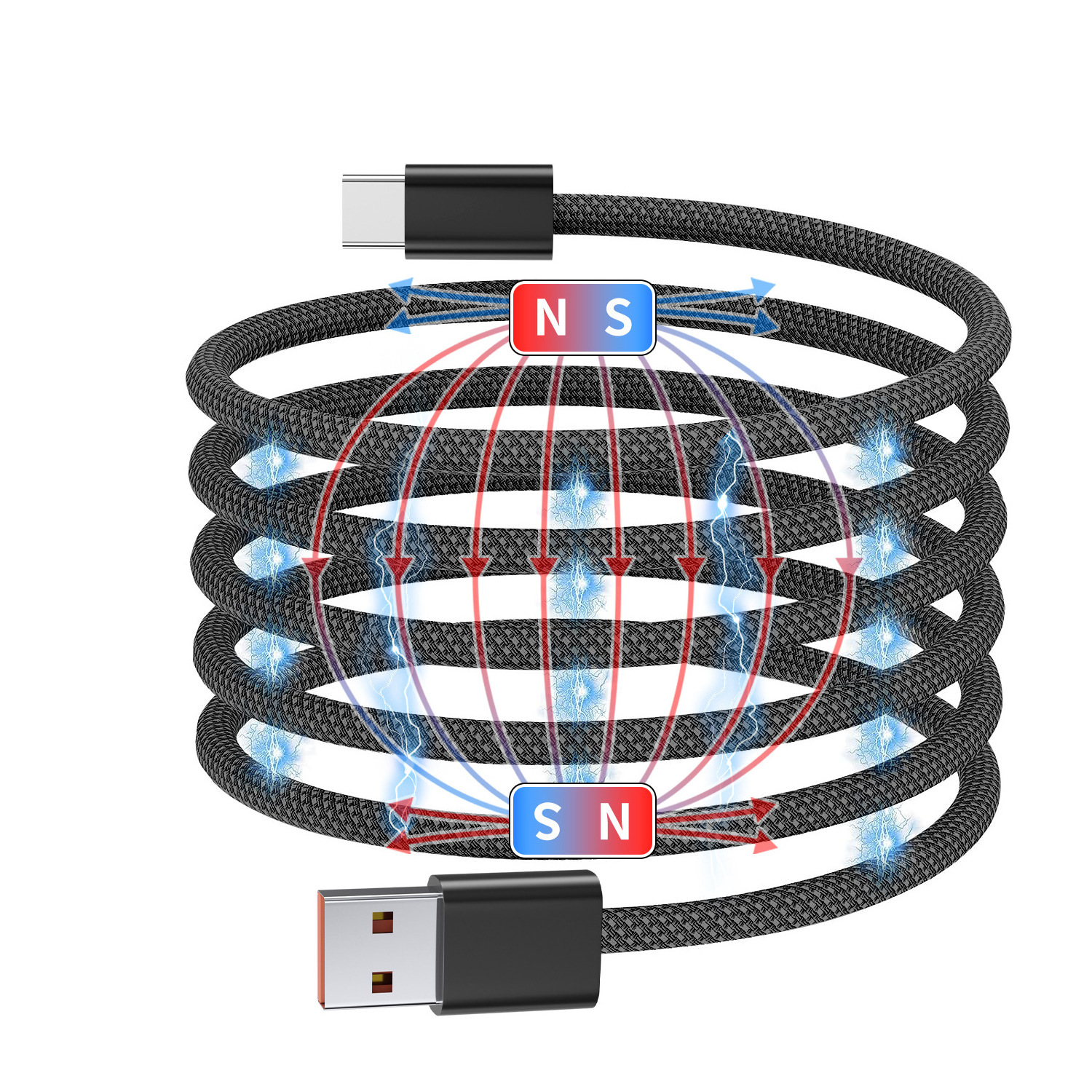 Magnetic Braided Fast Charging Cable 3A 66W 100W Self Winding Attaching Organizing USB C Magnetic Fast Charging Data Sync Cable