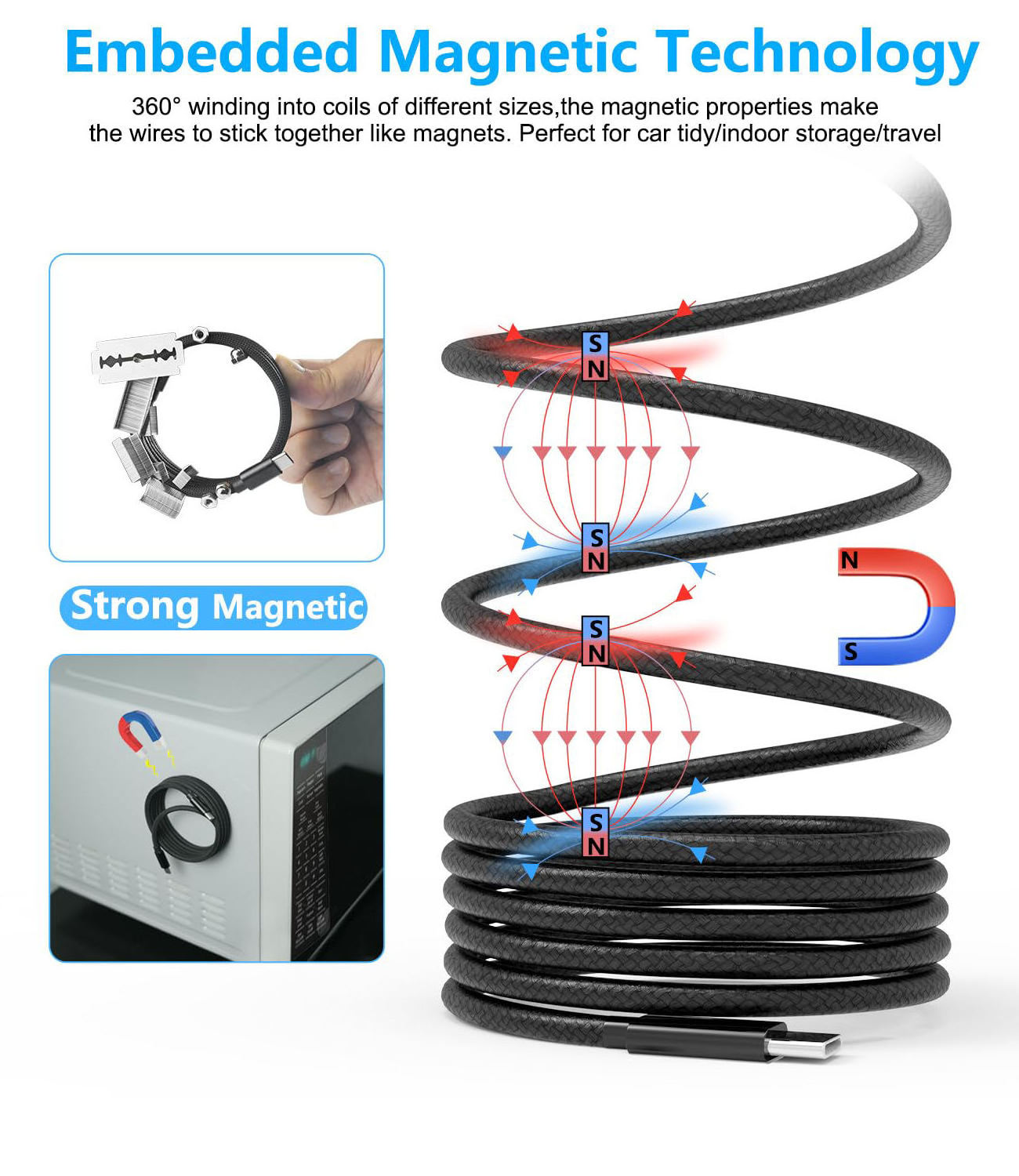 Magnetic Braided Fast Charging Cable 3A 66W 100W Self Winding Attaching Organizing USB C Magnetic Fast Charging Data Sync Cable