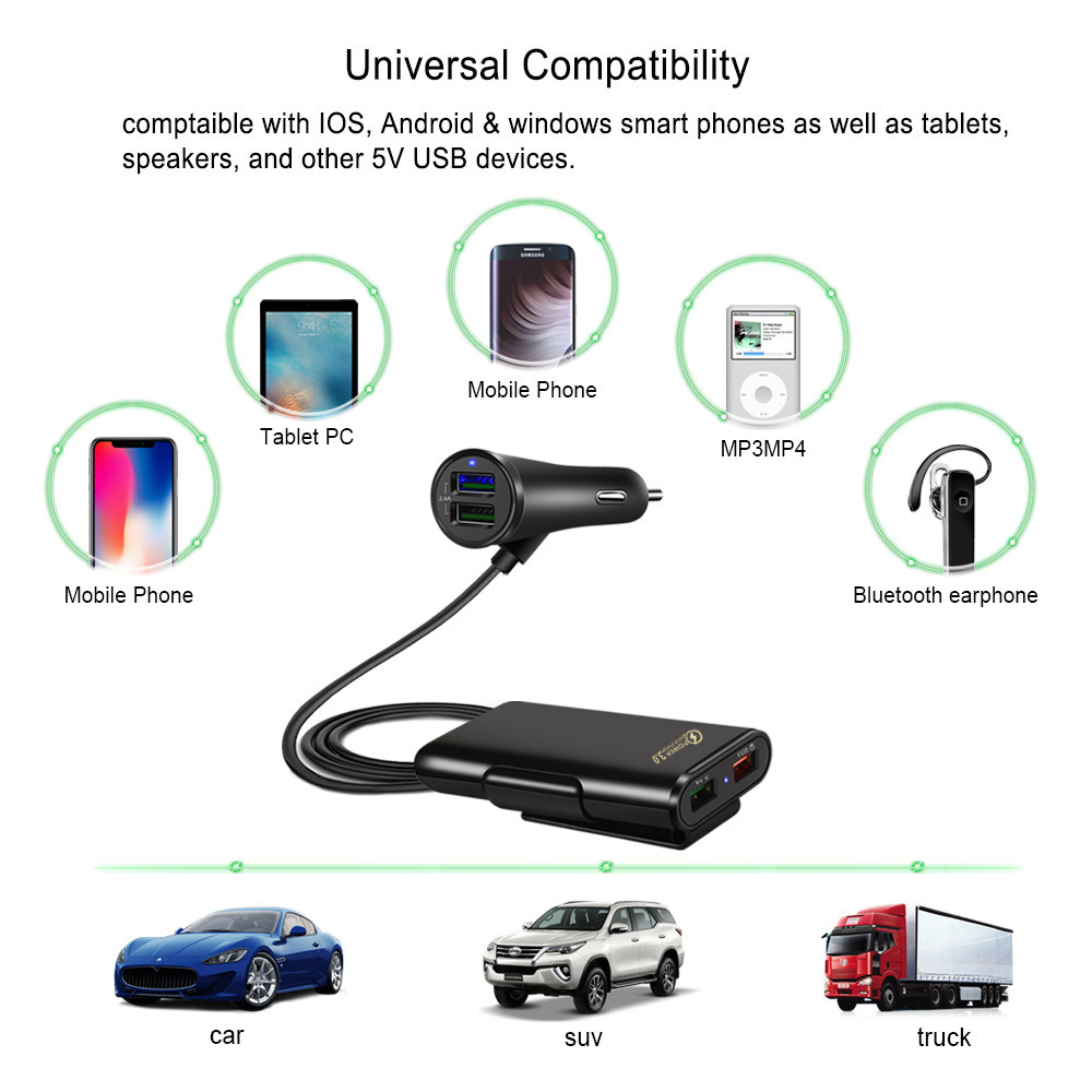 Qc3.0 Fast Charging Car One-to-four 4-port Usb Mobile Phone Charger Car Front And Rear Back Clip Usb Car Rear Seat Charger