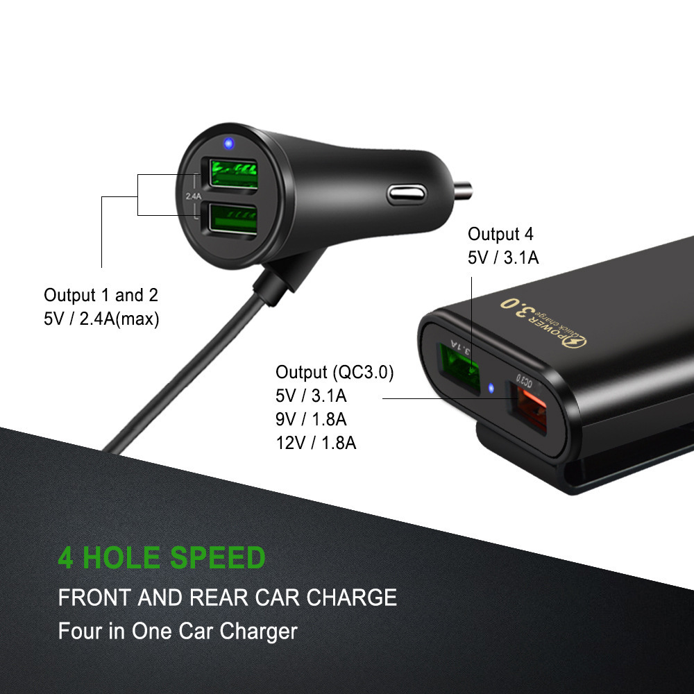 Qc3.0 Fast Charging Car One-to-four 4-port Usb Mobile Phone Charger Car Front And Rear Back Clip Usb Car Rear Seat Charger