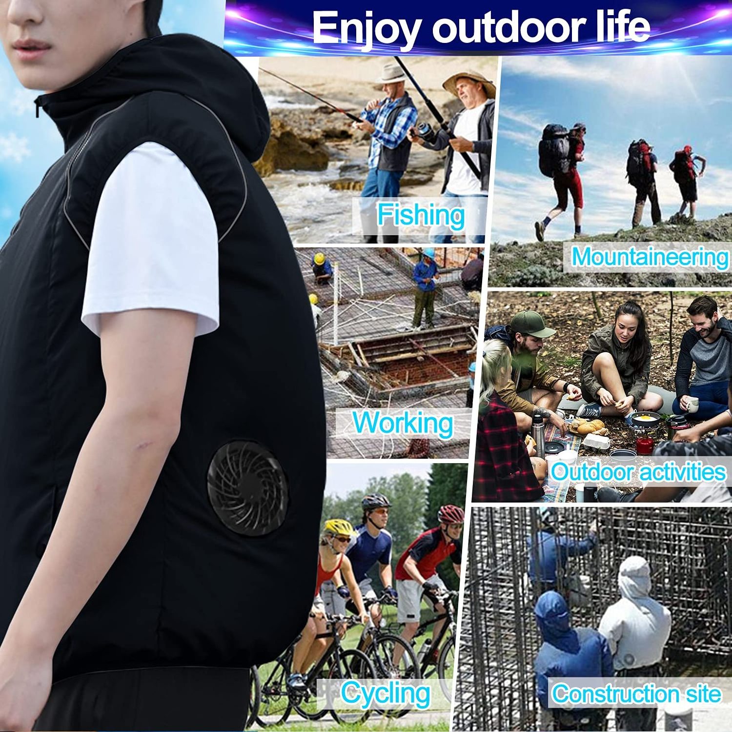 HelloWorld Cooling Vest Air Conditioner Fan Vest jacket With 2 Fans Usb Cable Wearable Fan Vest Sleeveless For Hot Summer