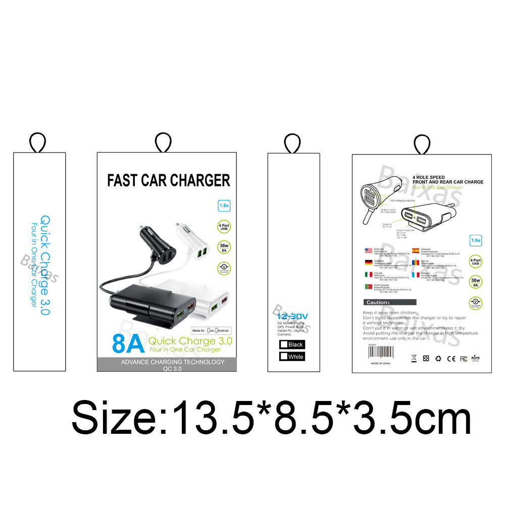 36w Qc3.0 Car Fast Charger Charging 4 Port Usb 5v 3.1a 5v2.4a*2 5.6ft Extension Cable Passenger Car Rear Charger Car Hub