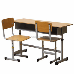 Attached double study school desk and bench