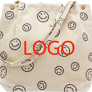 Custom LOGO Corduroy Tote Bags for Women Printed Eco Friendly Reusable Grocery Shopping Shoulder Go-to Everyday Bag