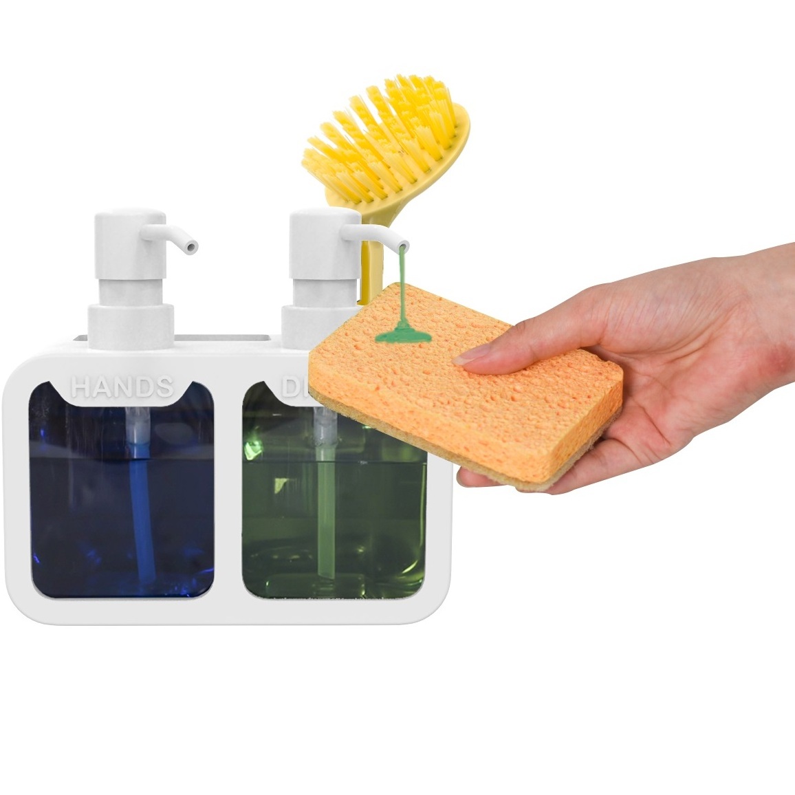 wholesale dropshipping Kitchen Hand Soap Dish Soap Dispenser Set Dual Sponge Caddy Brush Holder 4-in-1 Organizer Sink Countertop