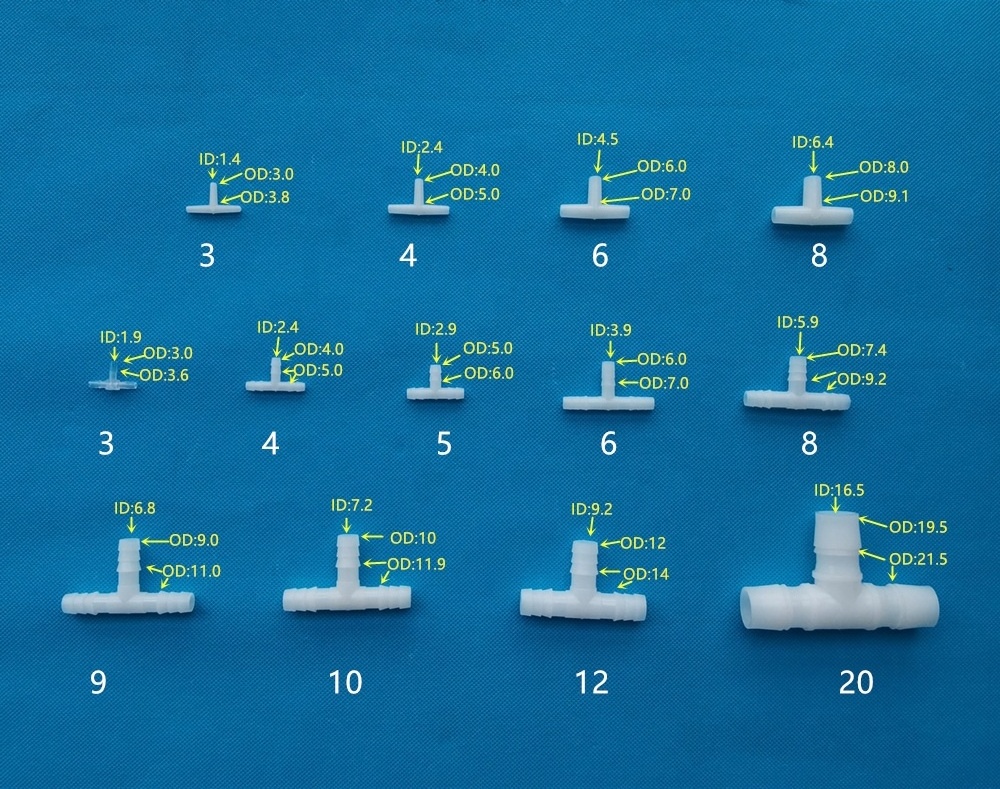 1.6mm to 25mm Plastic Barb end 3 way T piece hose fitting joiner joint tee barbed tubing connector