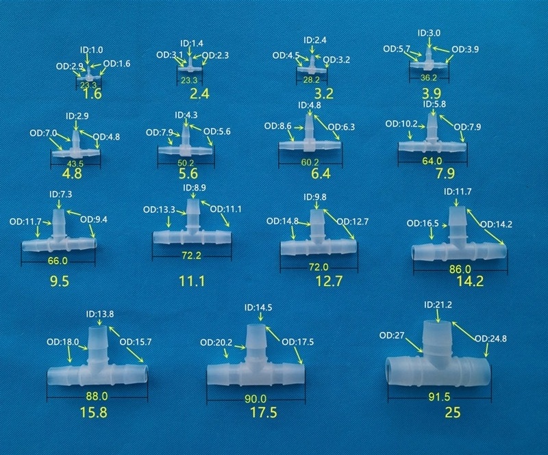 1.6mm to 25mm Plastic Barb end 3 way T piece hose fitting joiner joint tee barbed tubing connector