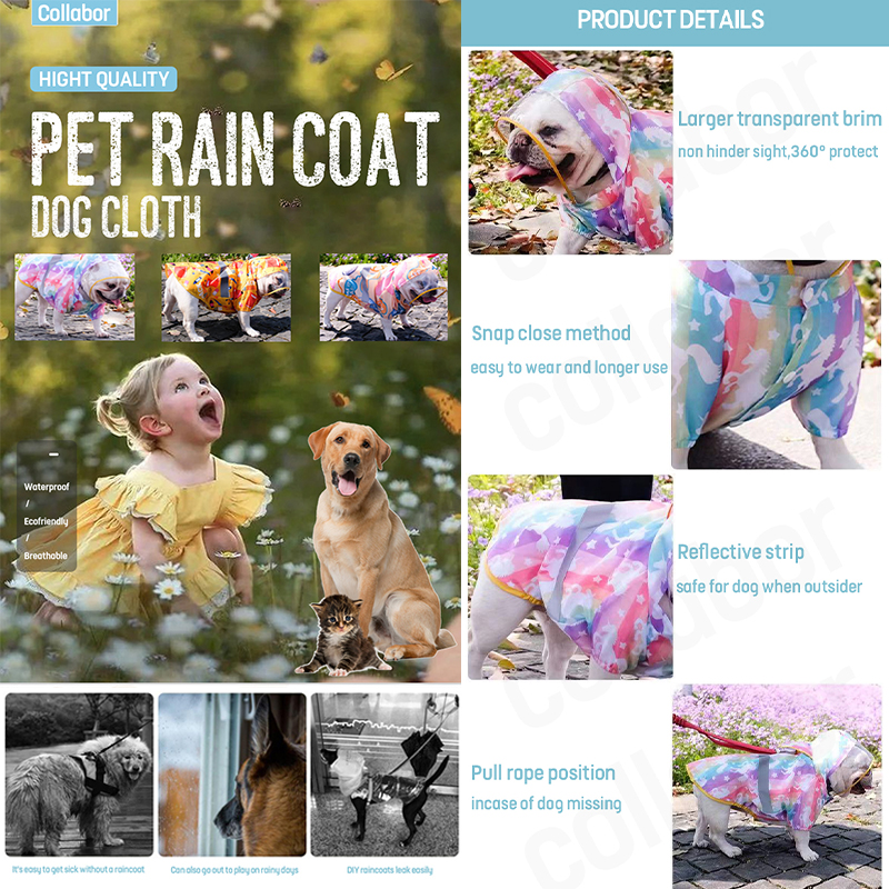 COLLABOR French Bulldog Windproof Pet Raincoat Clothing Dog Clothes Waterproof Breathable Dog Jacket Coat