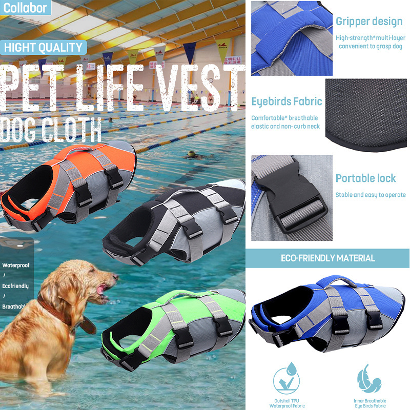 COLLABOR Hot selling Dog Life Jacket Adjustable Reflective Safety Pet Swimming Vest with Handle For All Size Dogs