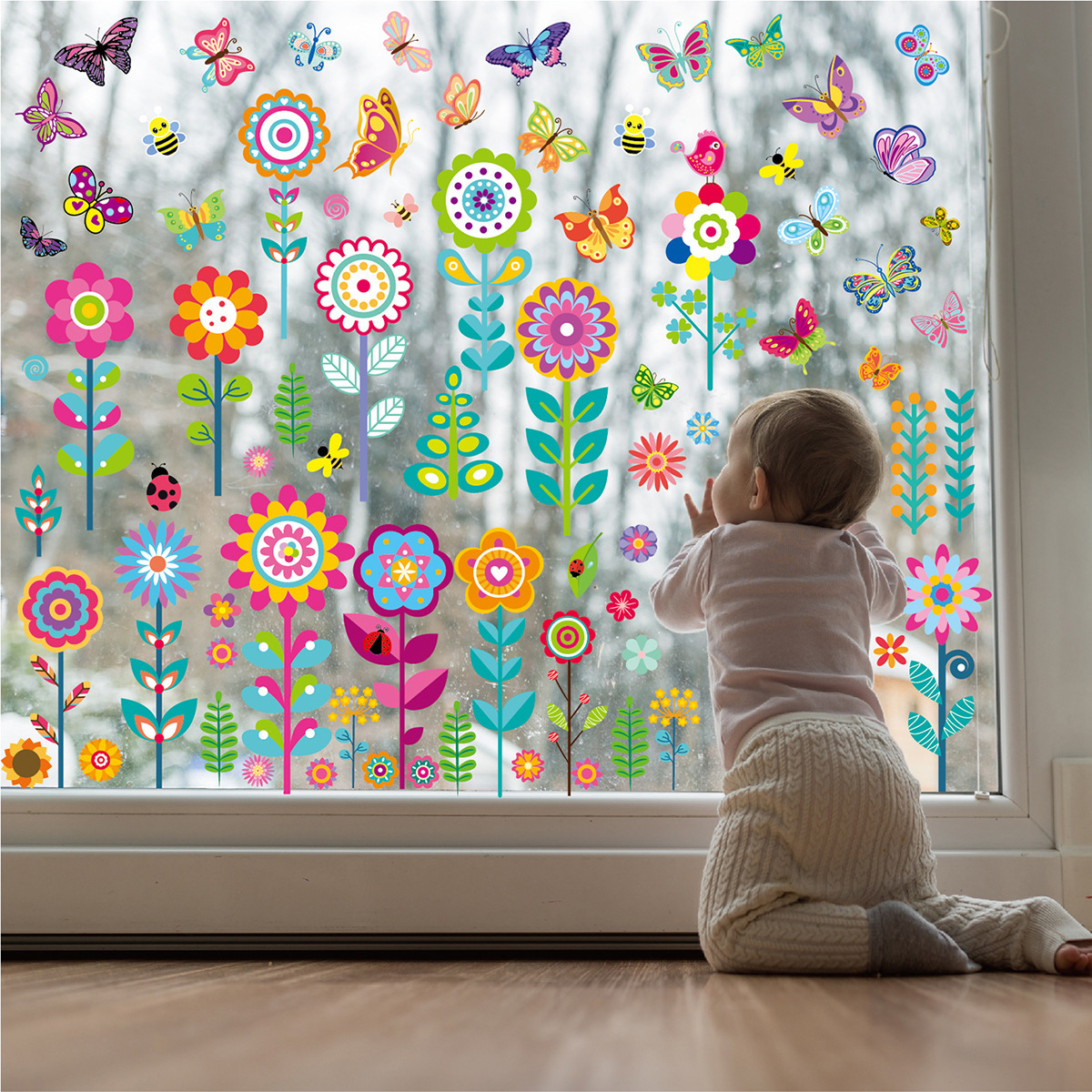 Spring Window Clings Butterfly Flower Window Stickers Colorful Summer Anti-Collision Decal Double Side Stickers Baby Shower kids