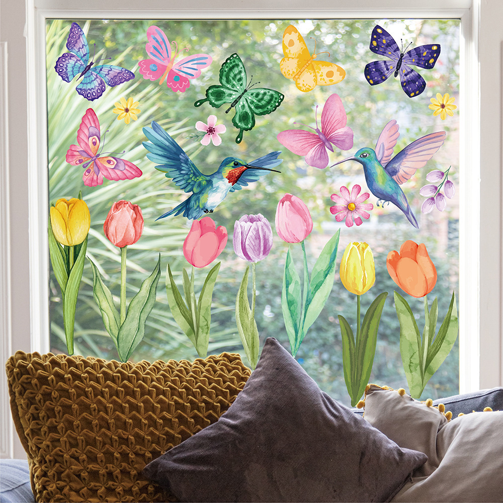 Spring Summer Window Cling Sticker tulip Butterfly Flower Window Decal for Home Supplies Window sticker Glass Display Decoration