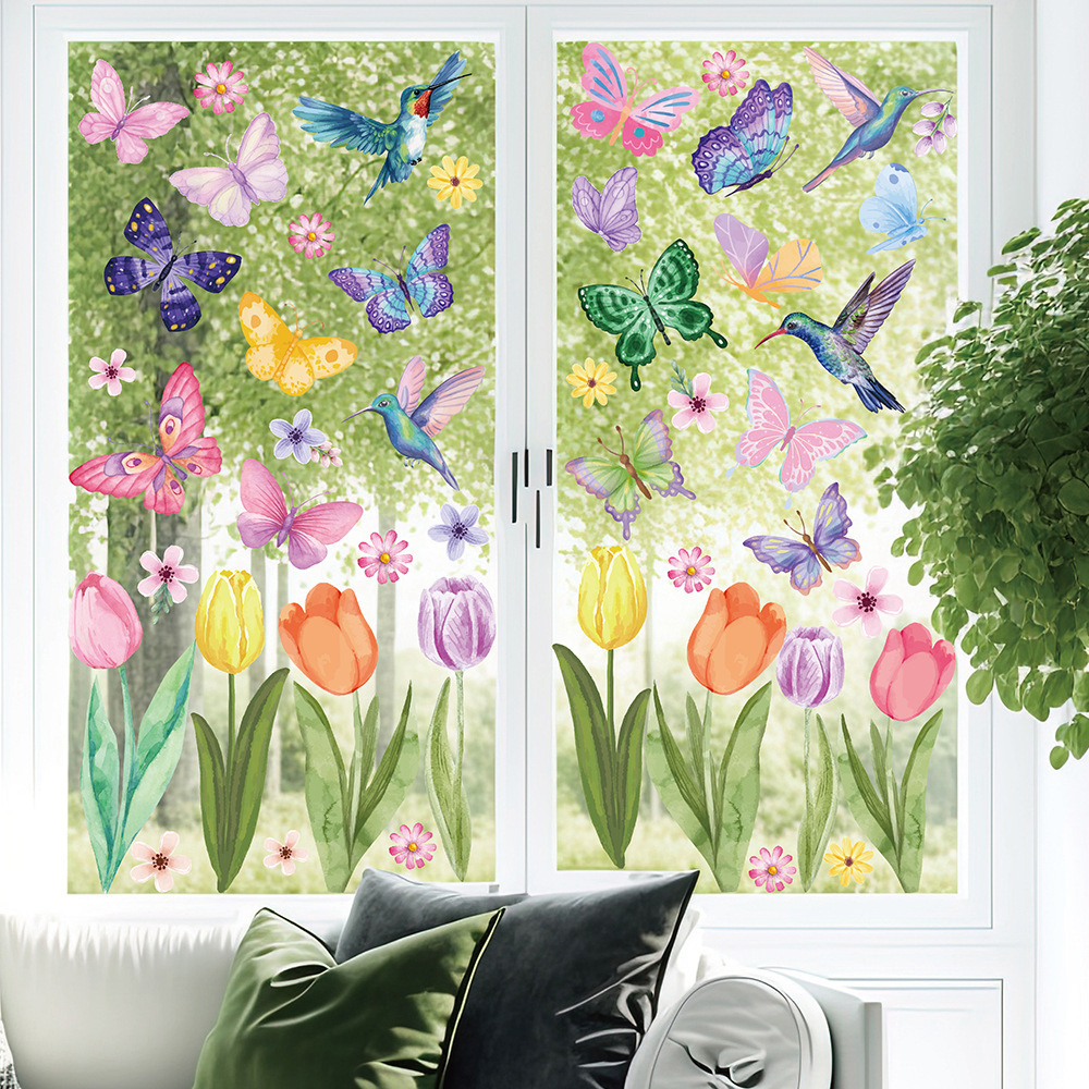 Spring Summer Window Cling Sticker tulip Butterfly Flower Window Decal for Home Supplies Window sticker Glass Display Decoration