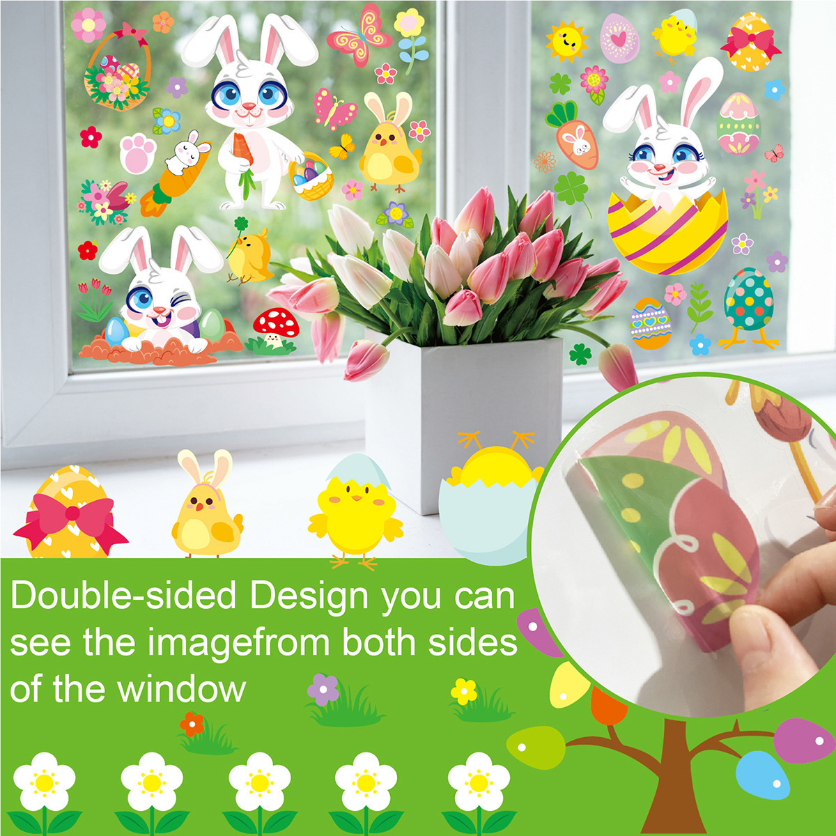 2024 Holiday Easter Decorations Bunny Window Clings Decor Radish Party Bunny Easter Eggs Decals for Windows Supplies Decorations