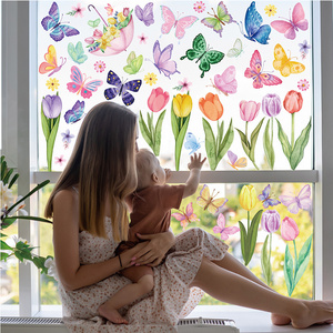 Spring Summer Window Cling Sticker tulip Butterfly Flower Window Decal for Home Supplies Window sticker Glass Display Decoration