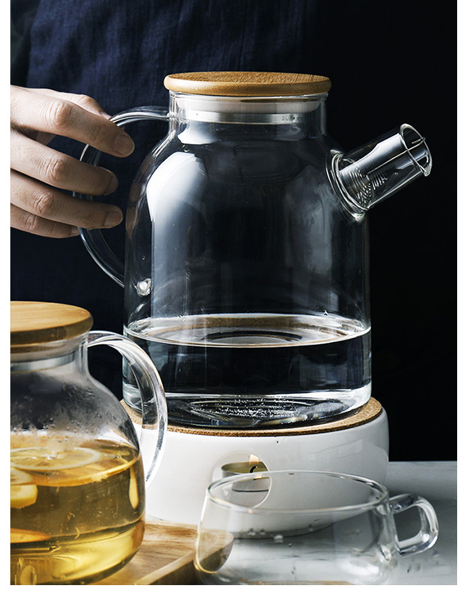 1600ML High Quality Handmade Clear Borosilicate Glass Bamboo Lid Teapot With Ceramics Warmer