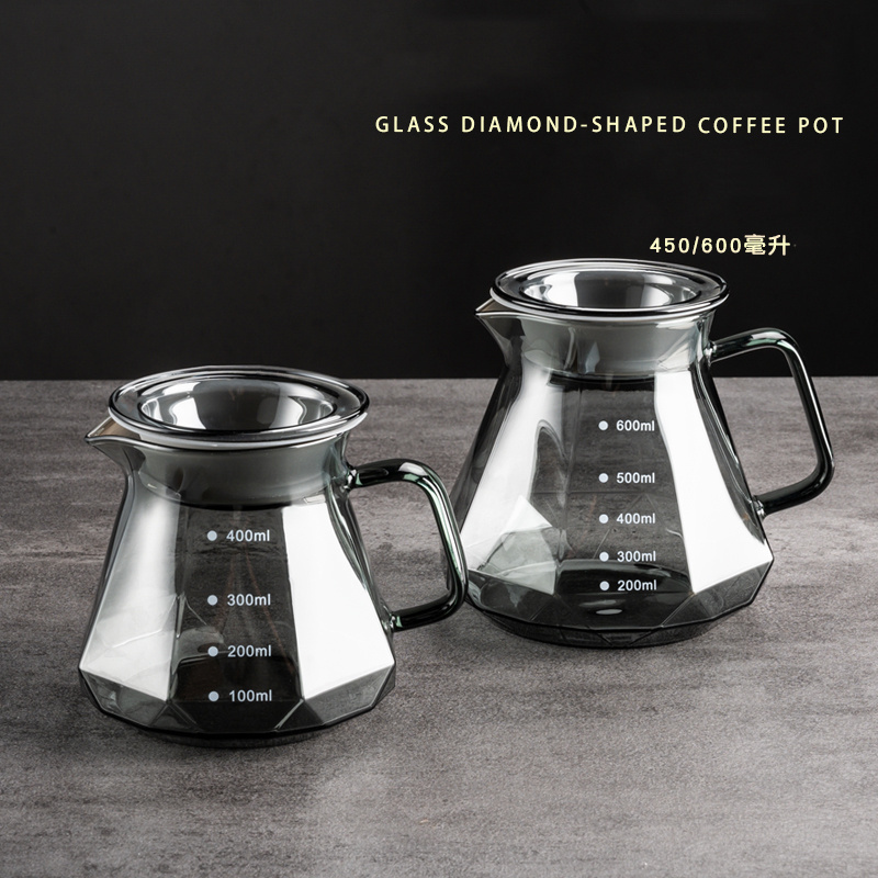 Wholesale Drip Coffee Dripper Style Server Kettle 450ml Coffee Pot/Teapot Set Heat Resistant Glass Diamond Shape Coffee Server