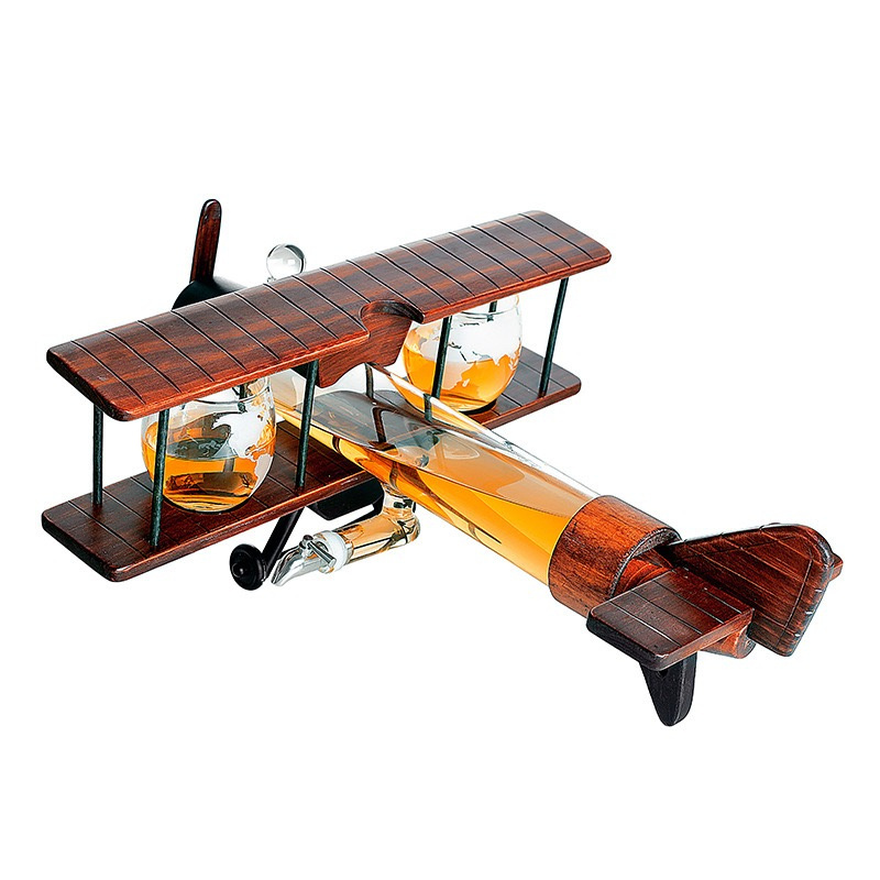 1000ml New Design Borosilicate Glass Personalized Antique Wood Whiskey Decanter Airplane Gift Set