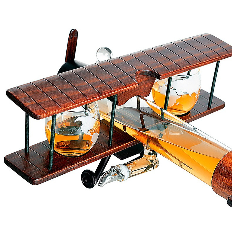 1000ml New Design Borosilicate Glass Personalized Antique Wood Whiskey Decanter Airplane Gift Set