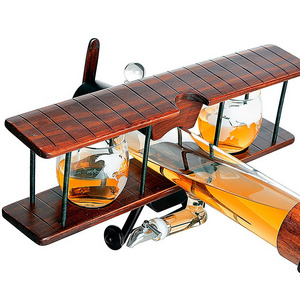 1000ml New Design Borosilicate Glass Personalized Antique Wood Whiskey Decanter Airplane Gift Set