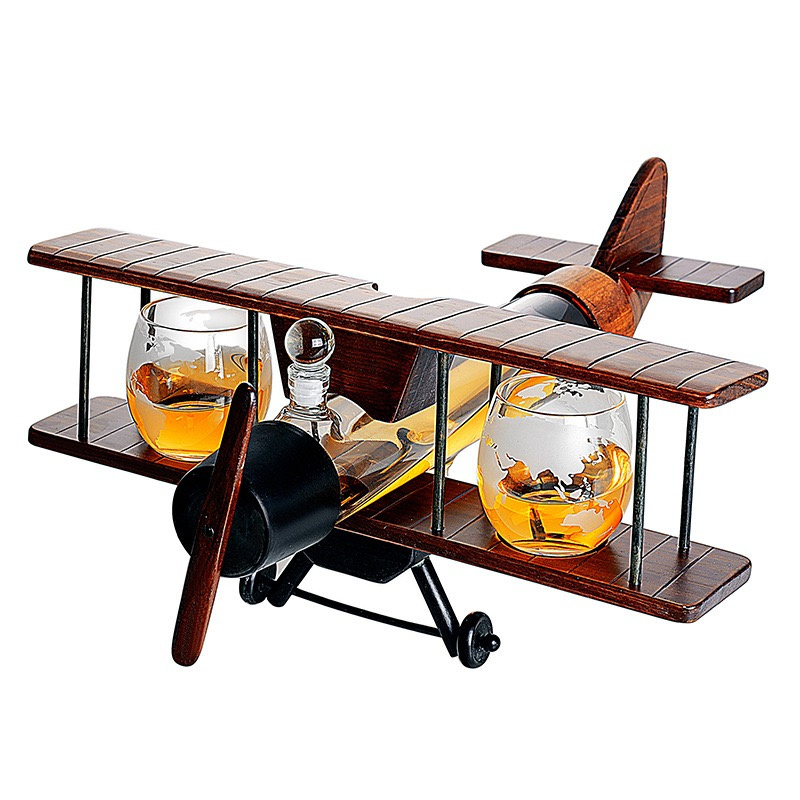 1000ml New Design Borosilicate Glass Personalized Antique Wood Whiskey Decanter Airplane Gift Set