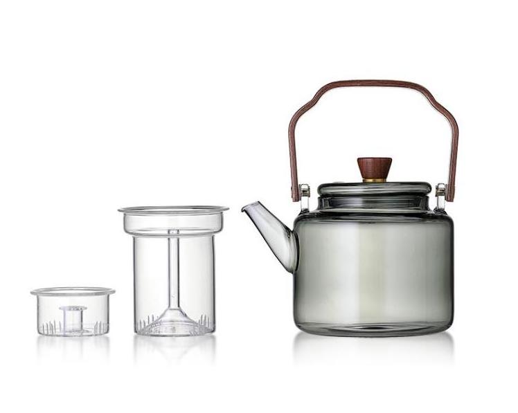 Stovetop & Microwave Safe Grey Color Glass Tea Pot Set with Wooden Handle & Removable Glass Tea Infuser