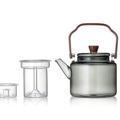 Stovetop & Microwave Safe Grey Color Glass Tea Pot Set with Wooden Handle & Removable Glass Tea Infuser