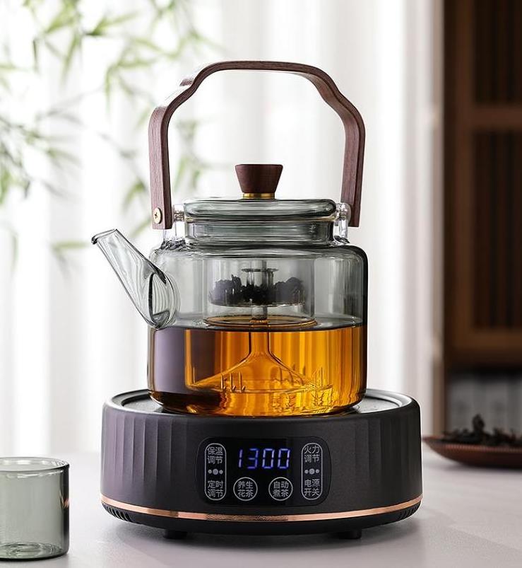 Stovetop & Microwave Safe Grey Color Glass Tea Pot Set with Wooden Handle & Removable Glass Tea Infuser