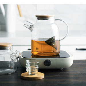 1600ML High Quality Handmade Clear Borosilicate Glass Bamboo Lid Teapot With Ceramics Warmer