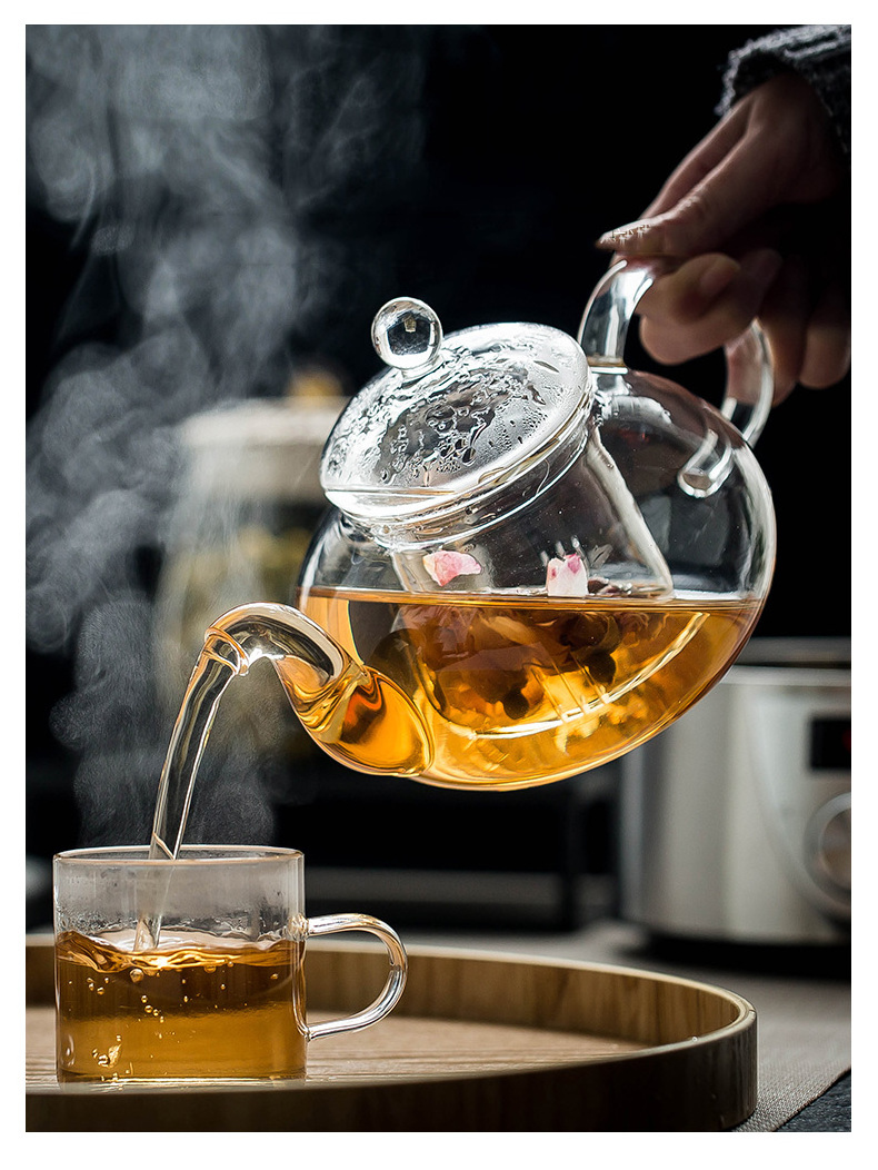 800ml/1000ml Thickened Hand-blown Heat resistant Transparent Flower Glass Tea Pot High Quality Borosilicate Glass Teapot with Infuser