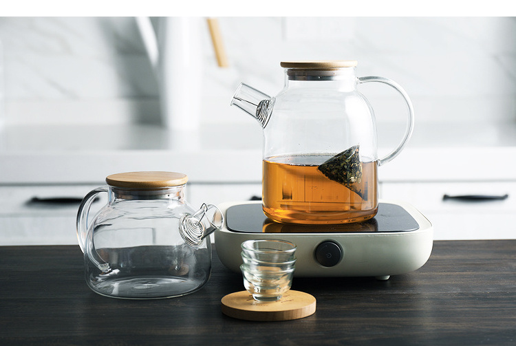 1600ML High Quality Handmade Clear Borosilicate Glass Bamboo Lid Teapot With Ceramics Warmer