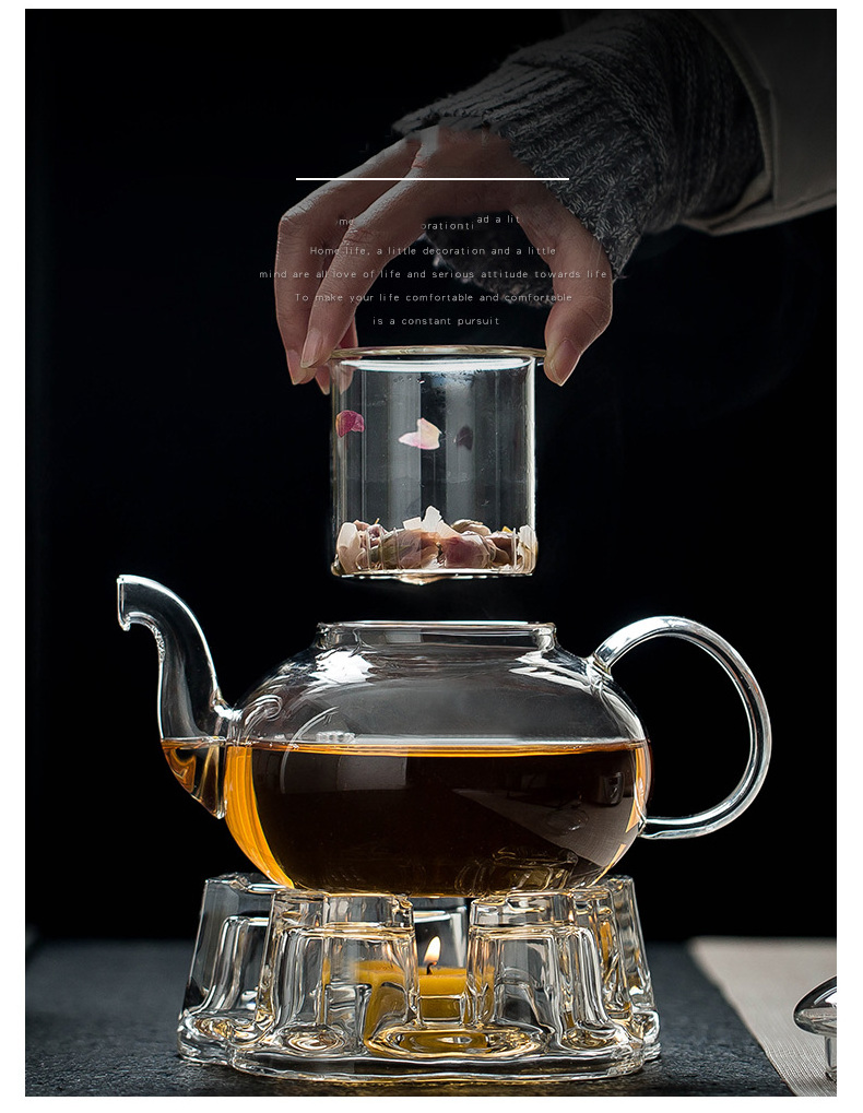 800ml/1000ml Thickened Hand-blown Heat resistant Transparent Flower Glass Tea Pot High Quality Borosilicate Glass Teapot with Infuser