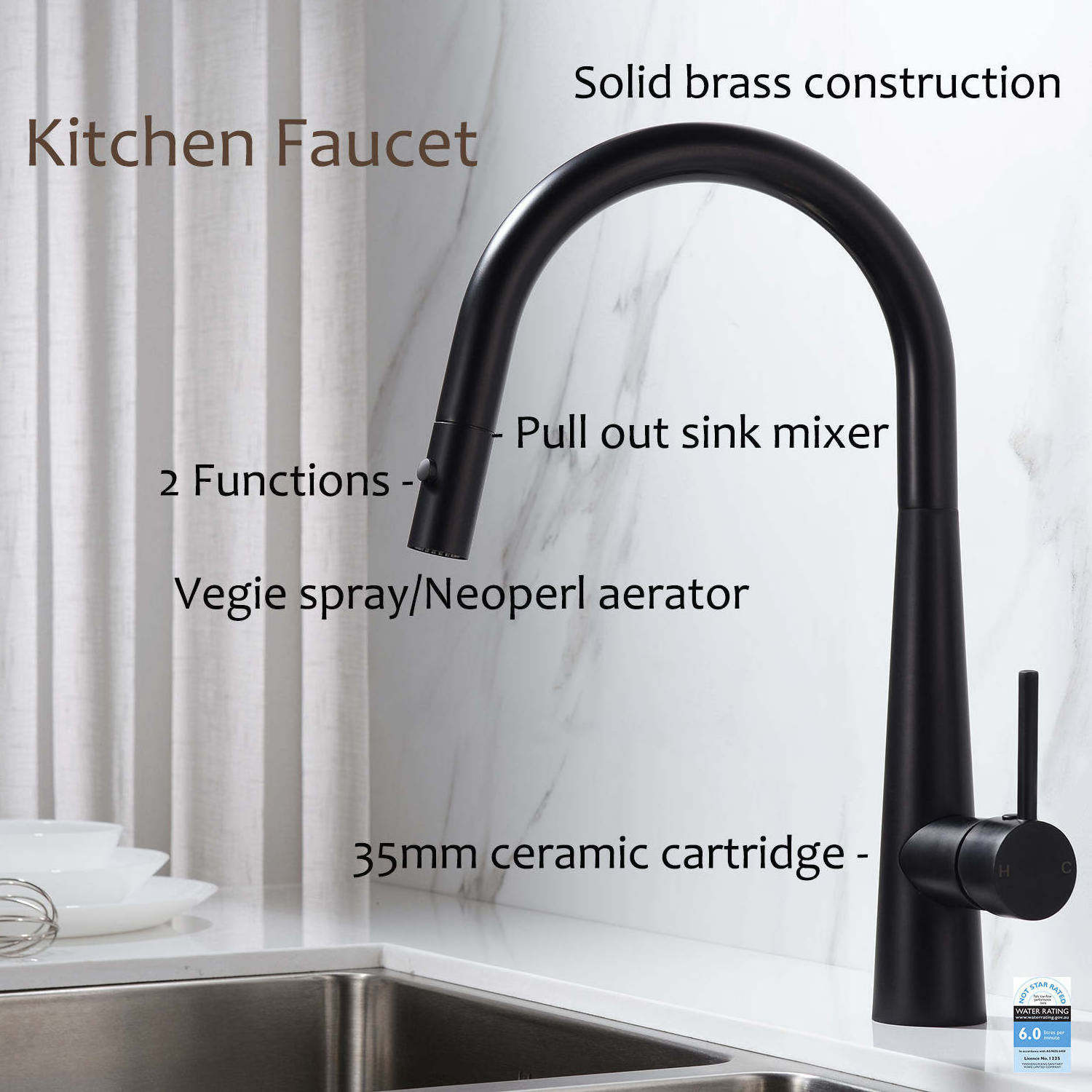 Lead-Free Brass Contemporary Deck Mounted Tap Watermark High Quality Black Sense Faucets Pull Down Kitchen Faucet