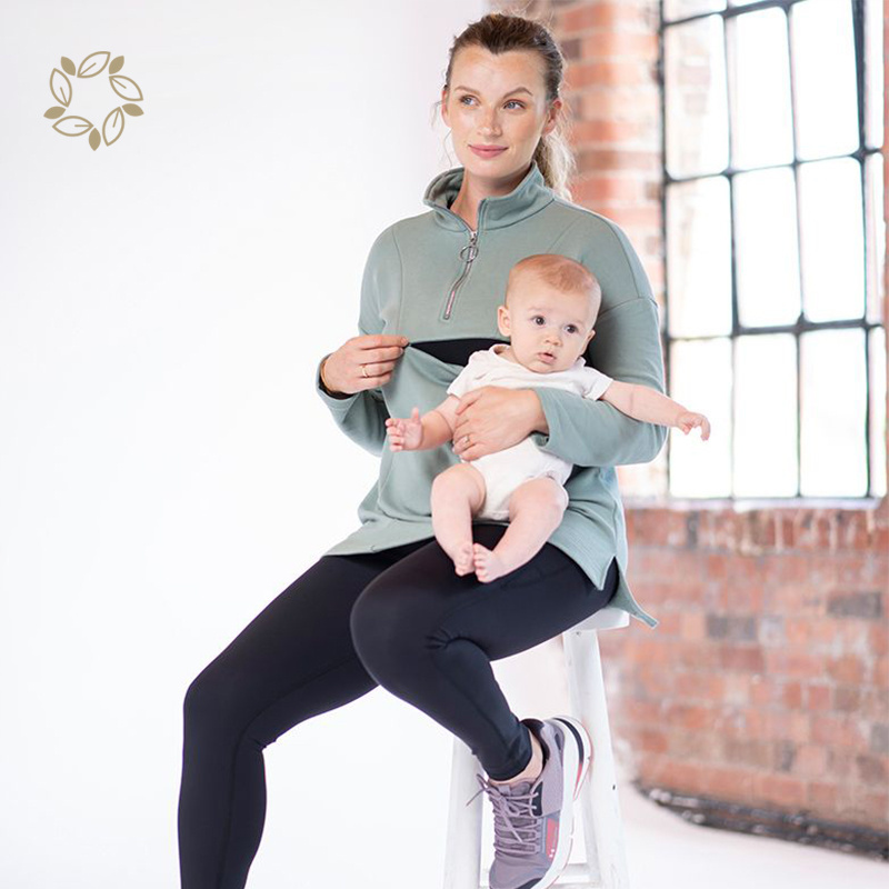 Organic cotton maternity nursing sweatshirt eco friendly women maternity jumper sustainable half zipper pullover for maternity