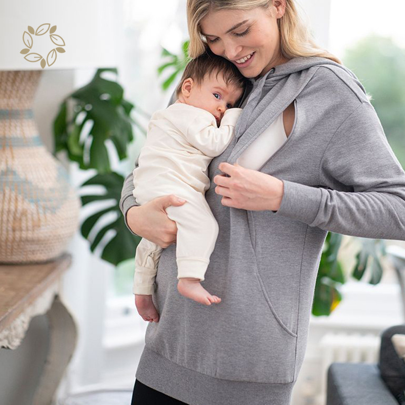 Sustainable zipper maternity nursing hoodie bamboo cotton terry open breast clothing eco friendly nursing hoodie