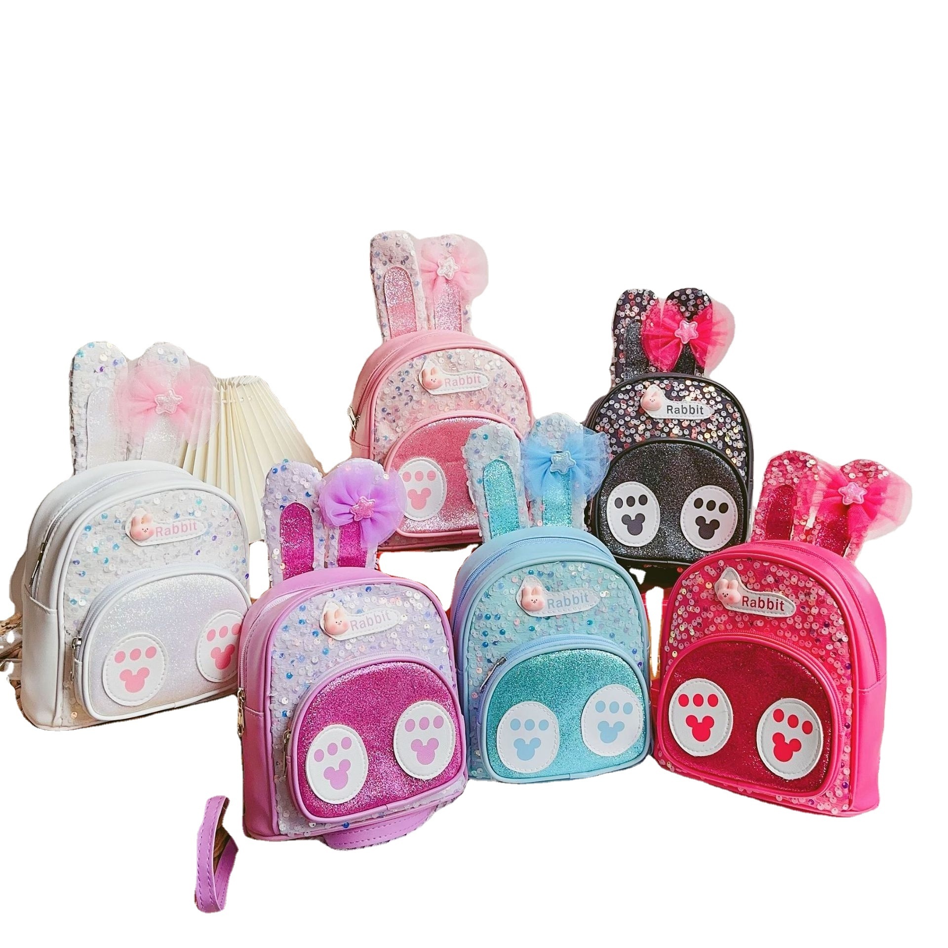 New Sequin Rabbit Ear Backpack Cartoon Butterfly Knot Footprint Backpack for Elementary School Students