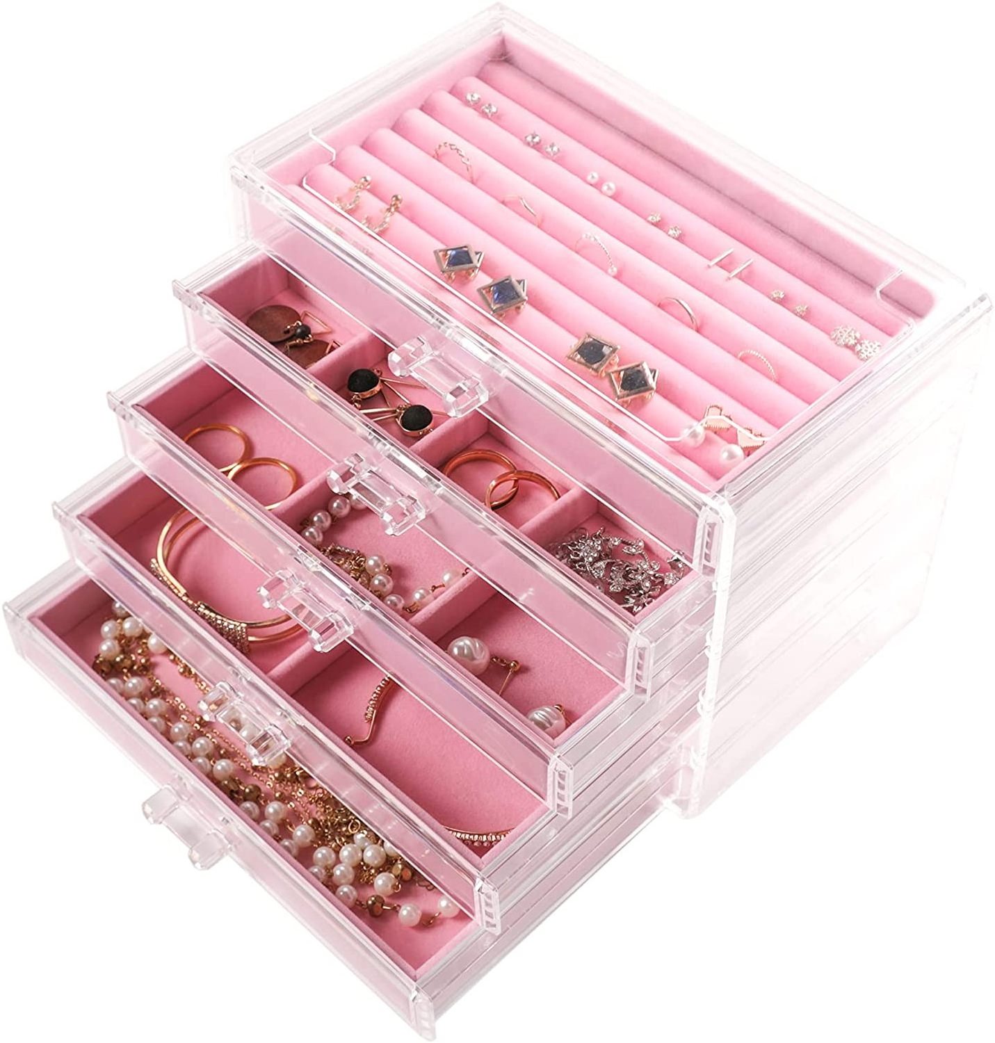 Extra-large acrylic Jewelry box Women 5 layer transparent jewelry Organizer Velvet earrings box 5 drawer ring display box Neckla