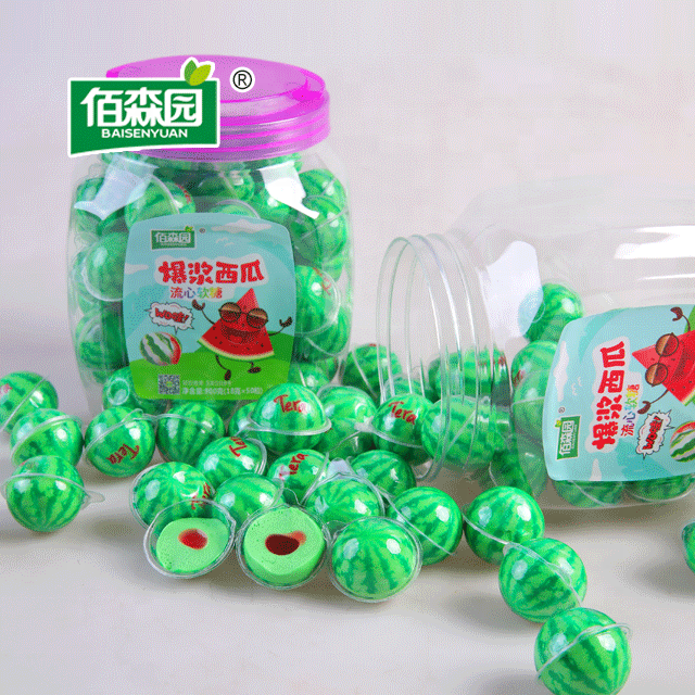 Gummy Candy Factory sell Gummy Candy  3D Watermelon Shaped Liquid Jam filled round burst exploding juicy jelly Gummy soft candy