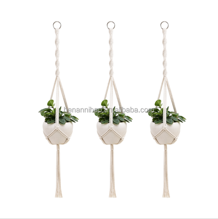 Macrame Plant Hanger Indoor Cotton Rope Hanging Planter Basket with Wood Beads Decorative  Flower Pot Holder