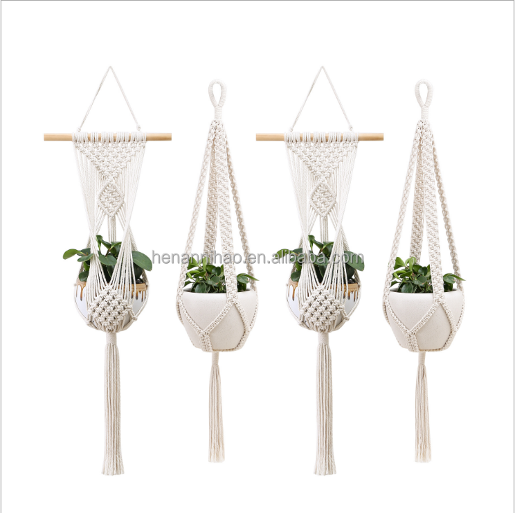 Macrame Plant Hanger Indoor Cotton Rope Hanging Planter Basket with Wood Beads Decorative  Flower Pot Holder