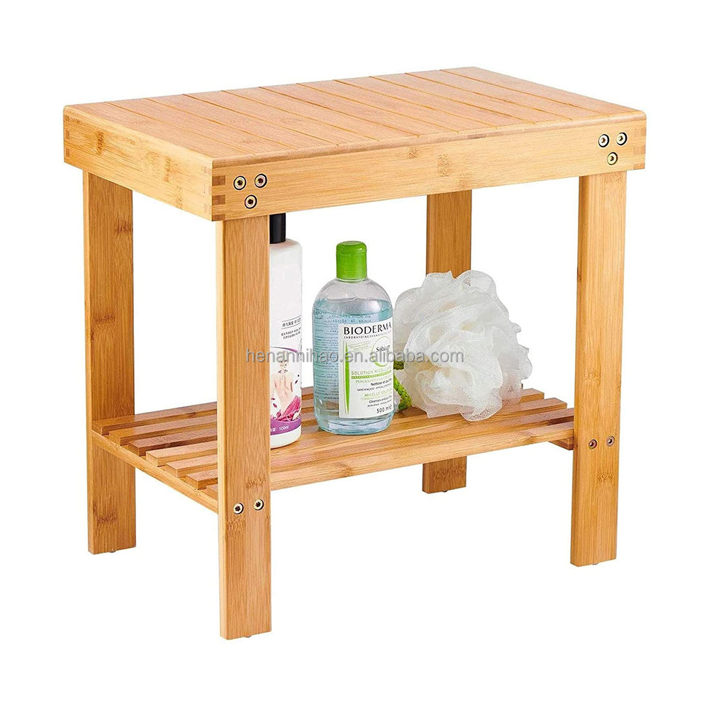 Bamboo Spa Bench Wooden Seat Stool Foot Rest Shaving Stool with Storage Shelf for Shampoo Towel Chair