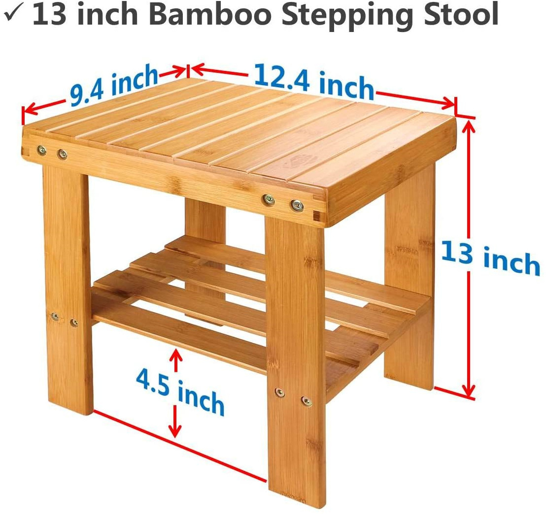 Bamboo Spa Bench Wooden Seat Stool Foot Rest Shaving Stool with Storage Shelf for Shampoo Towel Chair