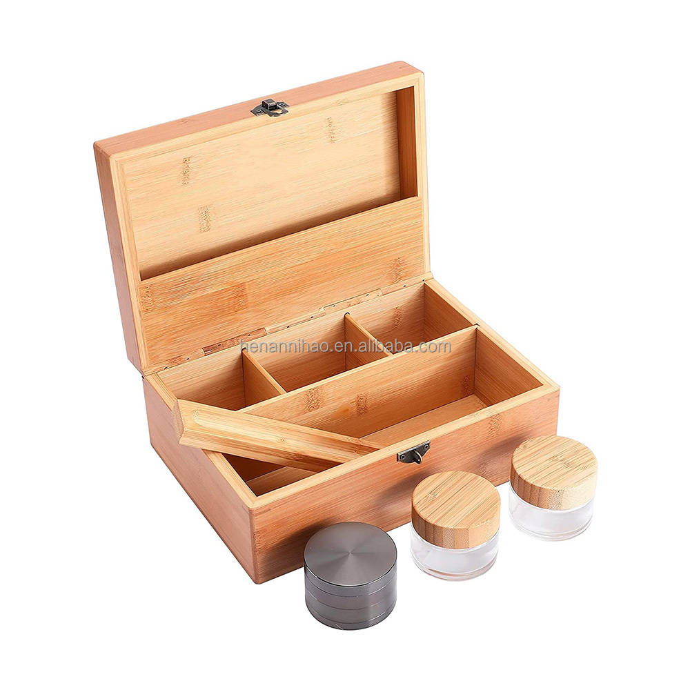 Wooden Bamboo Stash Storage Box With Sliding No Mess Rolling Tray, Brush & Airtight Smell Proof Herb Jars