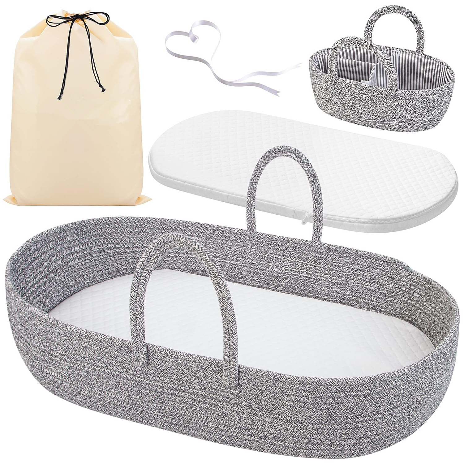 Gray Baby Changing Basket, Cotton Rope Moses Diaper Caddy Organizer Basket for Newborn Dresser