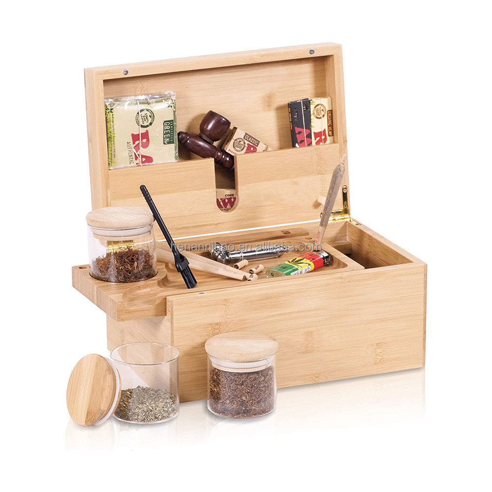 Wooden Bamboo Stash Storage Box With Sliding No Mess Rolling Tray, Brush & Airtight Smell Proof Herb Jars