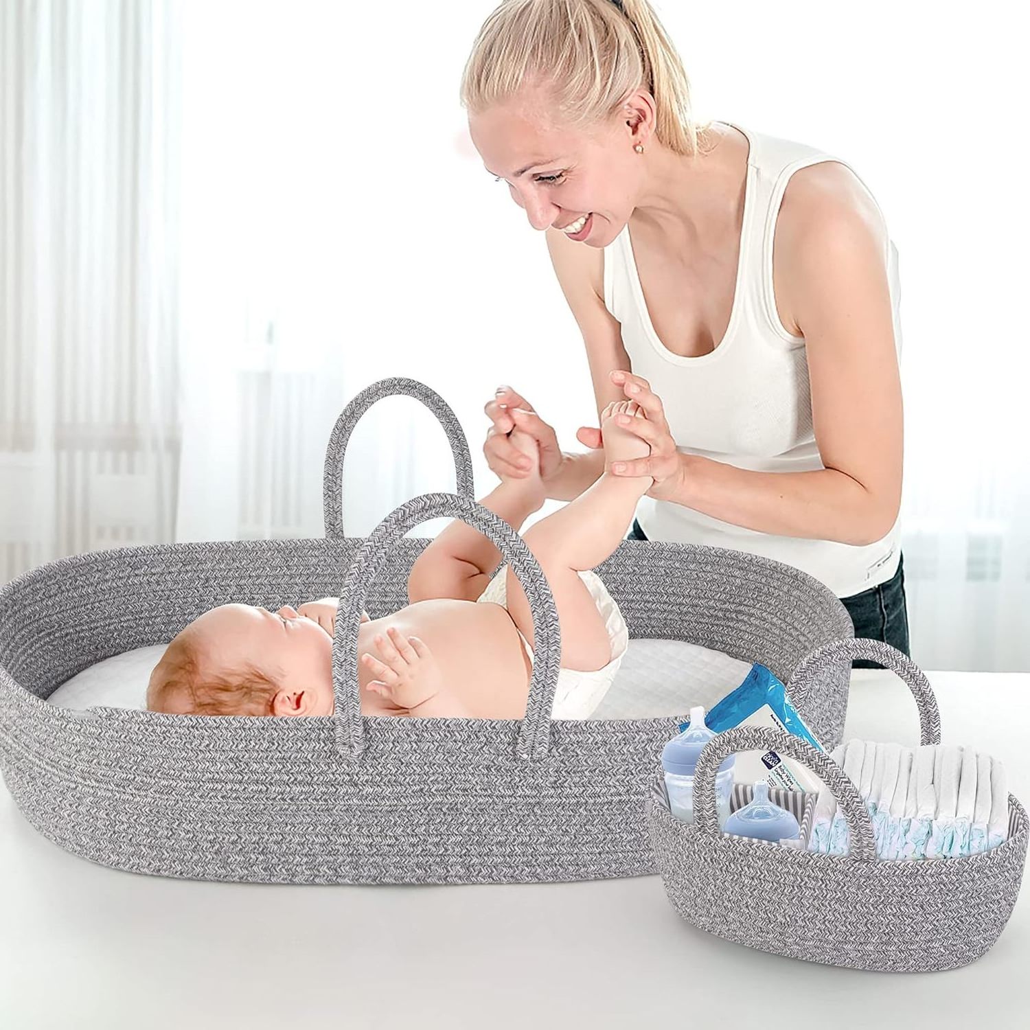 Gray Baby Changing Basket, Cotton Rope Moses Diaper Caddy Organizer Basket for Newborn Dresser