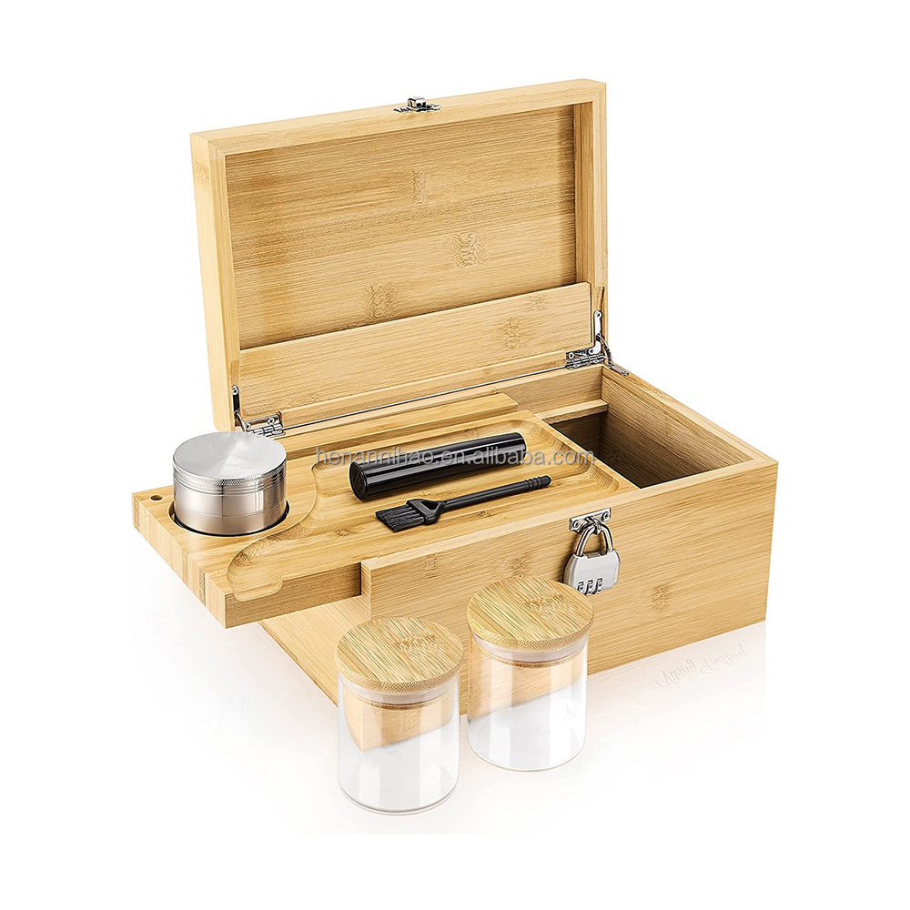 Wooden Bamboo Stash Storage Box With Sliding No Mess Rolling Tray, Brush & Airtight Smell Proof Herb Jars