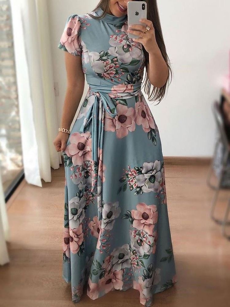 Women Summer Casual Long Dress Boho Floral Print Maxi Dress Turtleneck Bandage Elegant Dresses