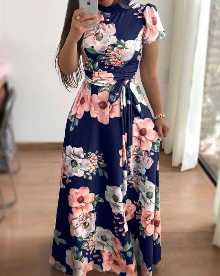 Women Summer Casual Long Dress Boho Floral Print Maxi Dress Turtleneck Bandage Elegant Dresses